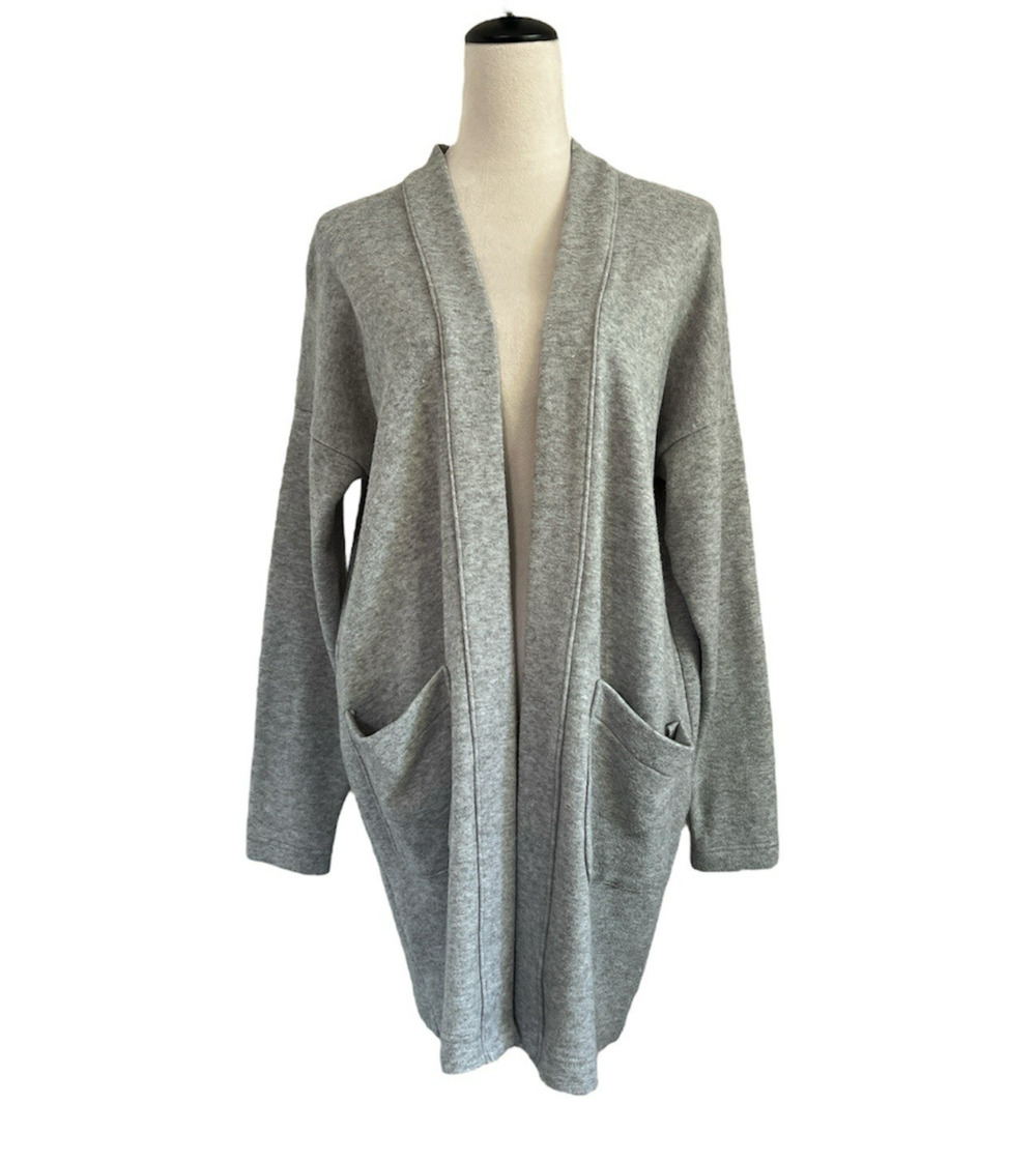 J Crew 365 Open Front Cardigan Sweater Womens Medium Gray Pockets Longline Cozy